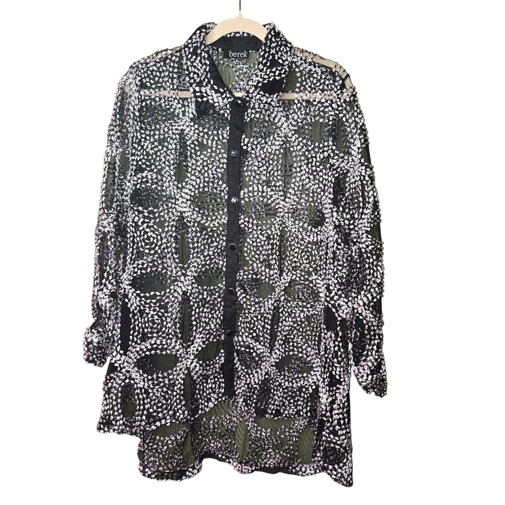 Berek Women's Black Silver Metallic Mesh Embroidered Button Down Tunic Top XL‎